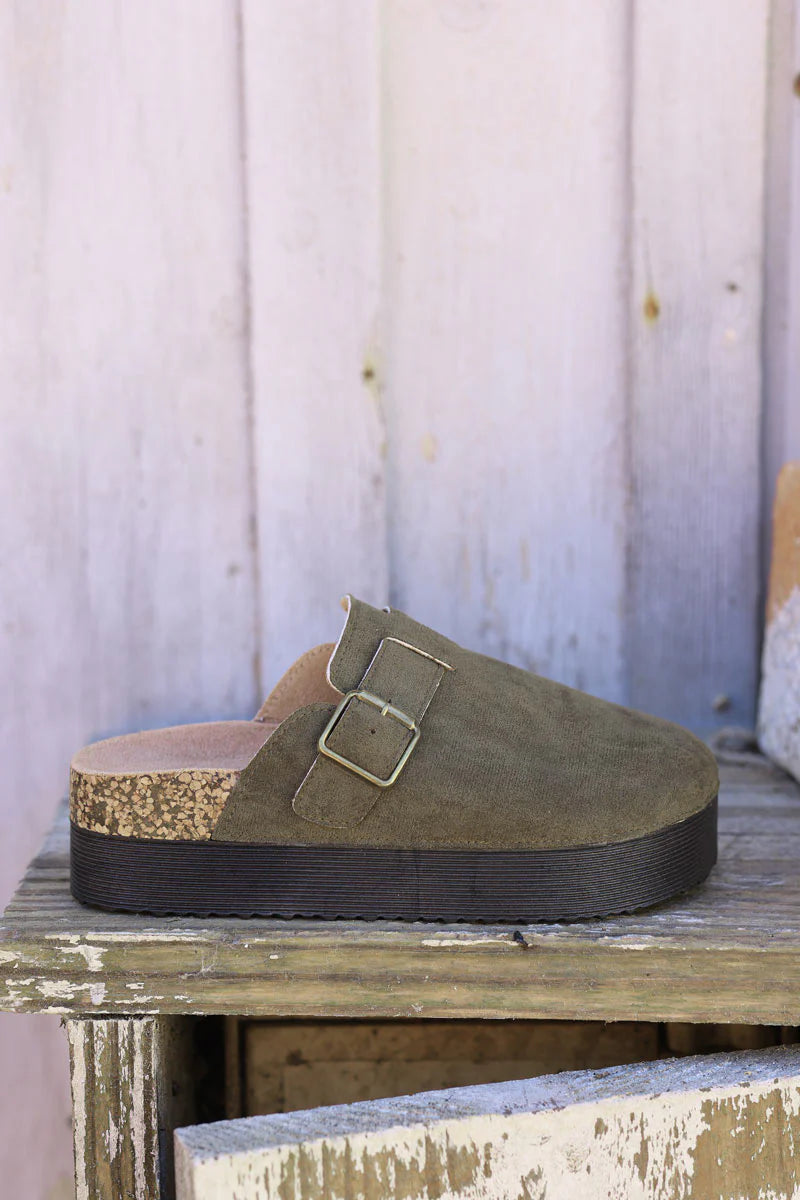 Khaki suedette slip on flatform mules with buckle