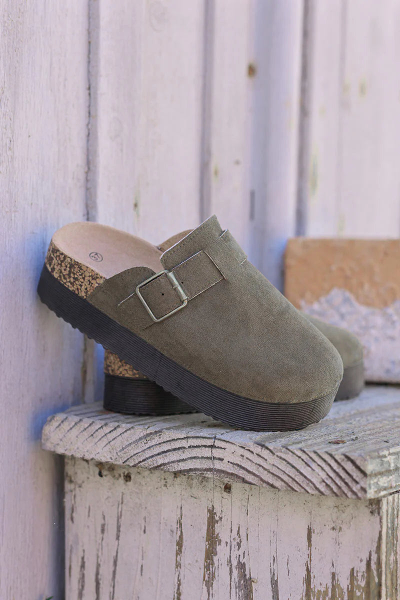 Khaki suedette slip on flatform mules with buckle