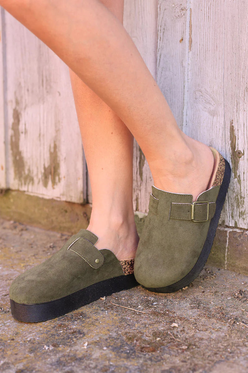 Khaki suedette slip on flatform mules with buckle