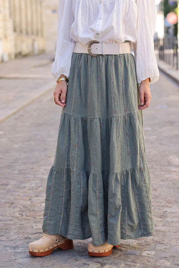 Khaki tiered maxi skirt glitter and multicoloured stitching