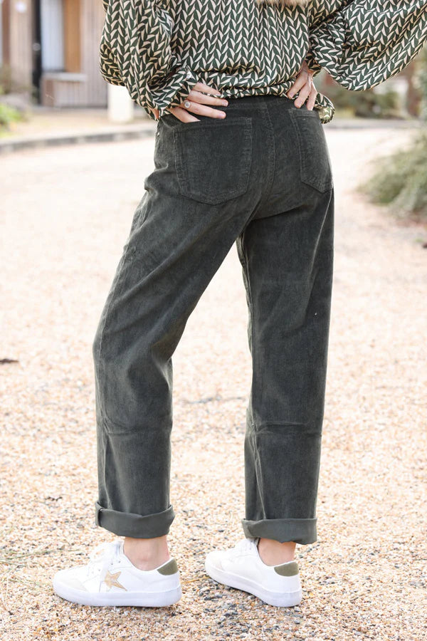 Olive Velvet Corduroy Straight Cut Pants