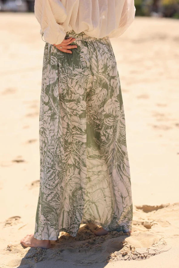 Olive Wide Leg Floaty Pants with Palm Leaf Print and fabric belt