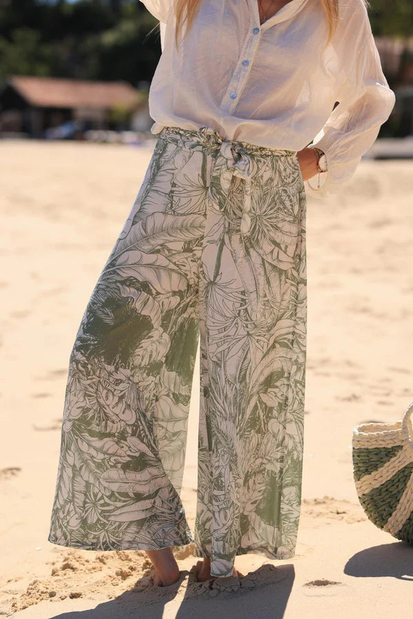 Olive Wide Leg Floaty Pants with Palm Leaf Print and fabric belt