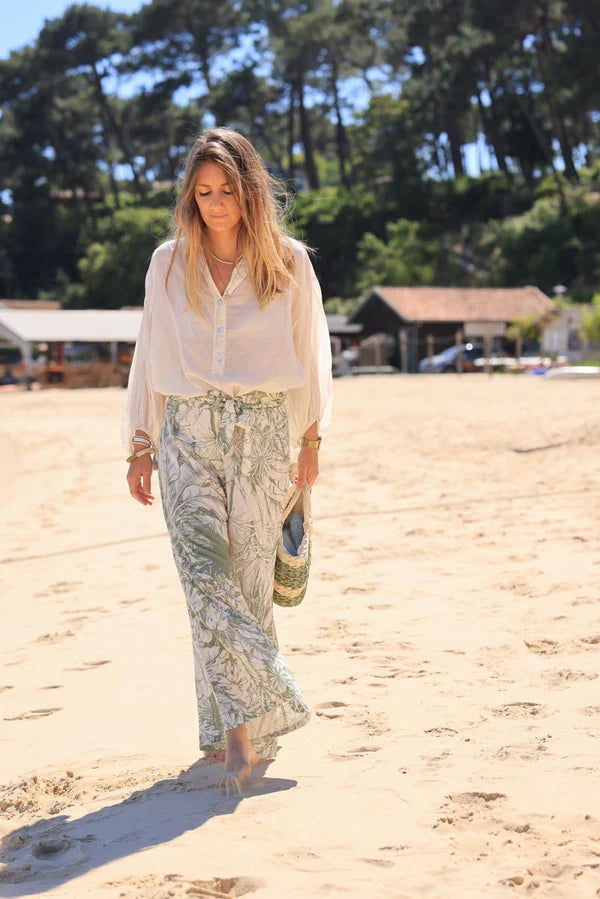 Olive Wide Leg Floaty Pants with Palm Leaf Print and fabric belt