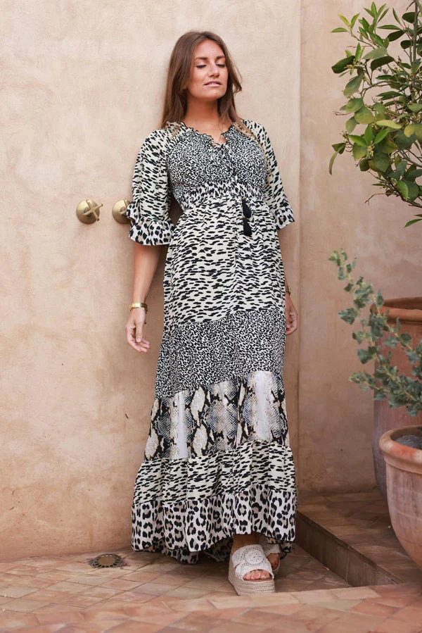 Leopard Print Patchwork Tiered Maxi Dress