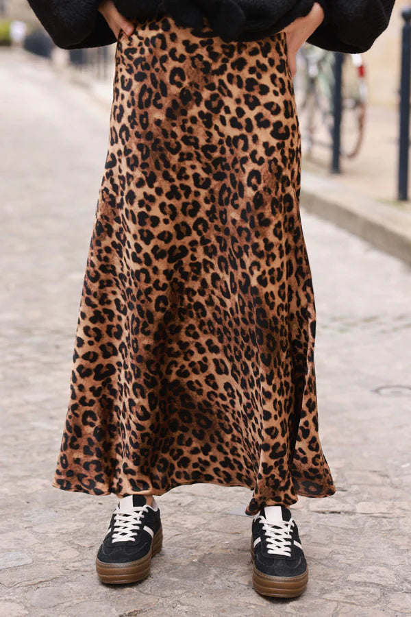 Leopard Print Sateen Maxi Skirt