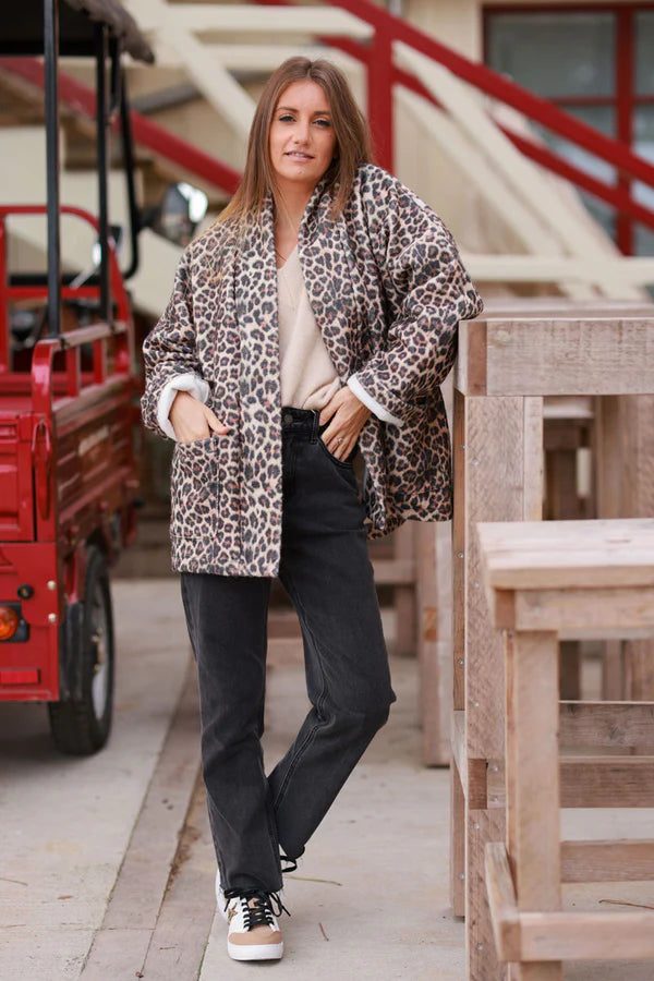 Leopard Print Sherpa Shawl Collar Jacket