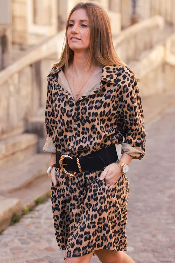 Leopard Print Shirt Dress with Belt