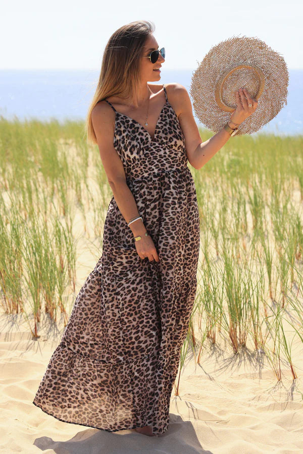 Leopard print strappy maxi cotton dress