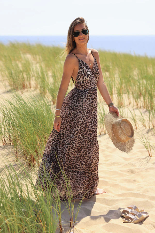 Leopard print strappy maxi cotton dress