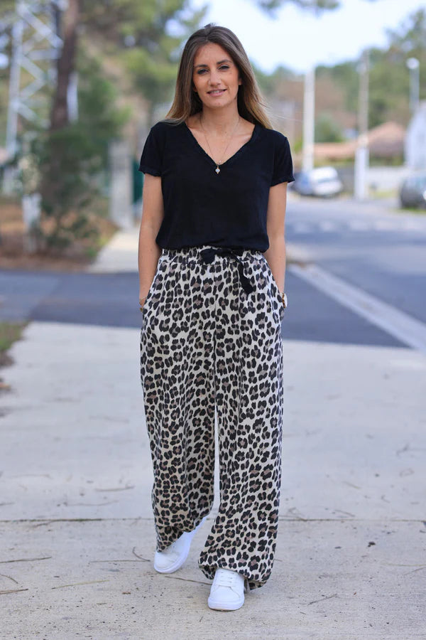 Leopard print stretch cotton wide leg flared sweatpants Horizons Lointains Paris