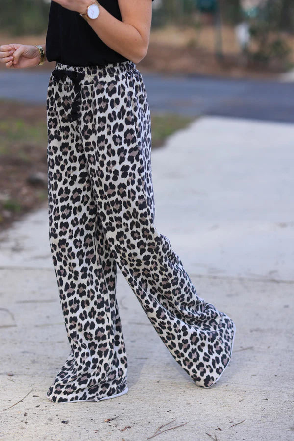 Leopard Print Stretch Cotton Wide Leg Flared Sweatpants