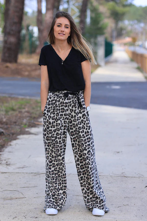 Leopard Print Stretch Cotton Wide Leg Flared Sweatpants