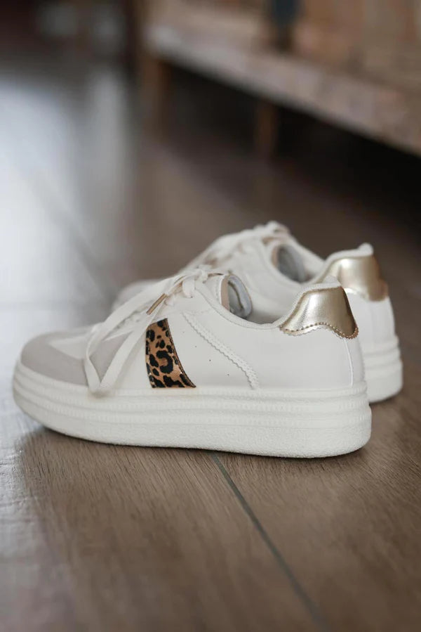 Leopard Stripe White and Gray Vegan Leather Platform Sneakers