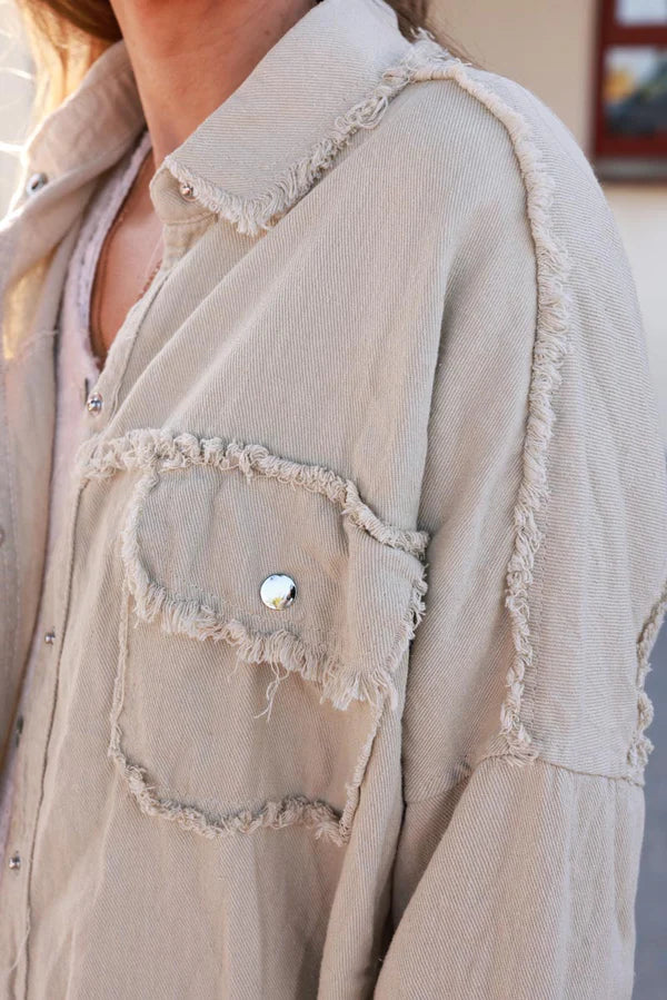 Light Beige denim jacket with 'smile' and flower embroidery