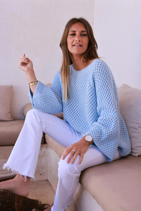 Light Blue Cotton Textured Waffle Knit Top