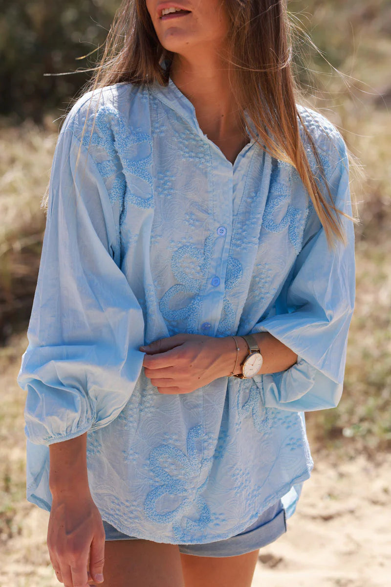 Light Blue Gauze Boucle Embroidered Blouse