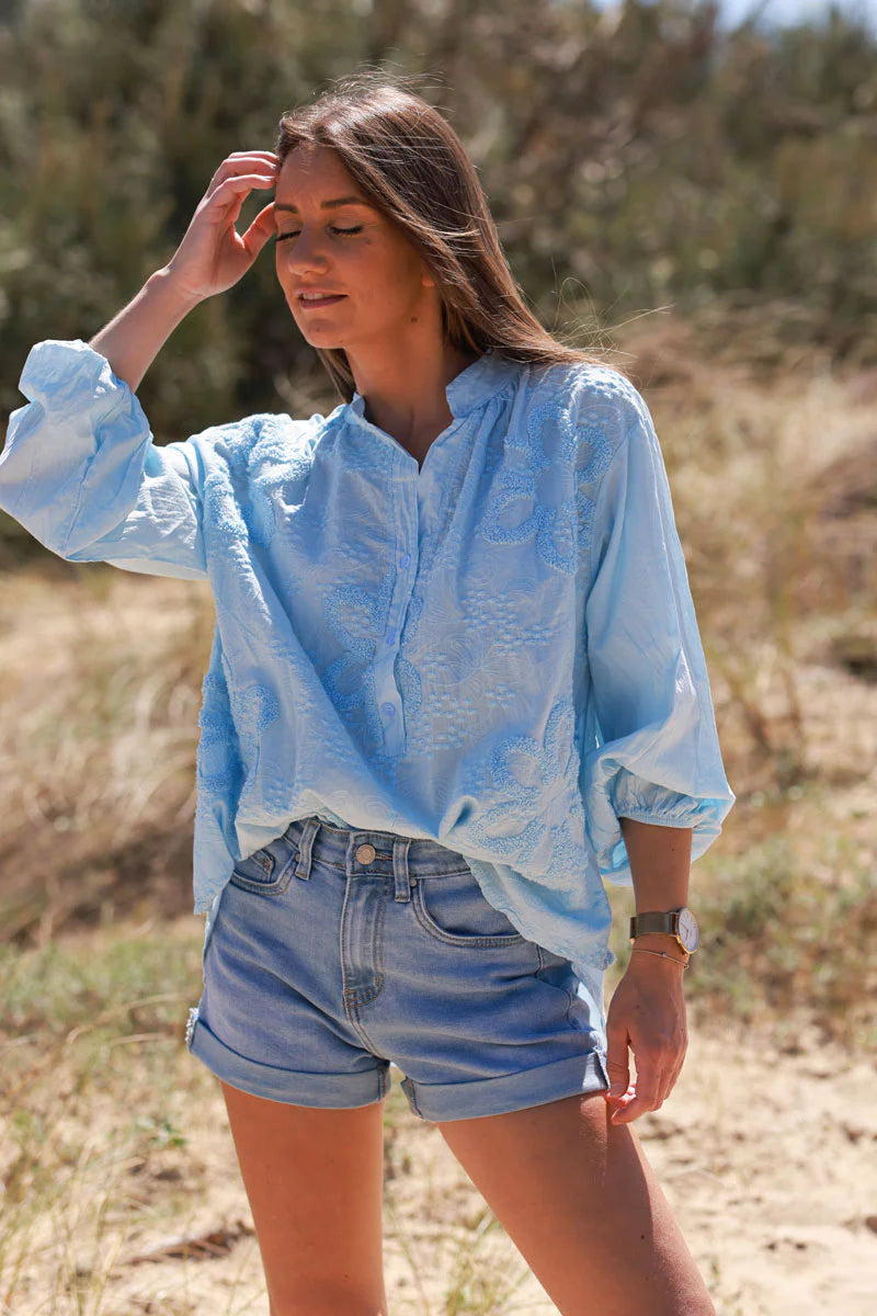 Light Blue Gauze Boucle Embroidered Blouse