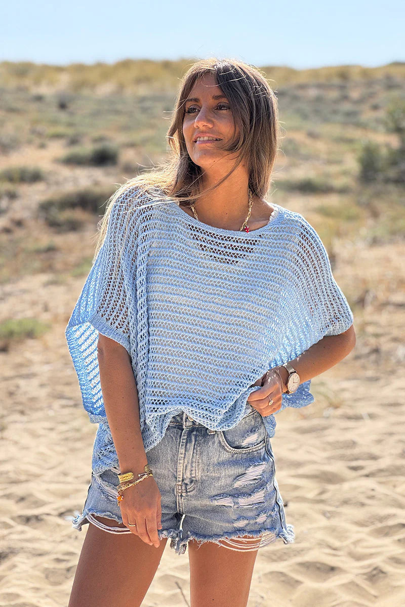 Light Blue Open Crochet Dolman Top