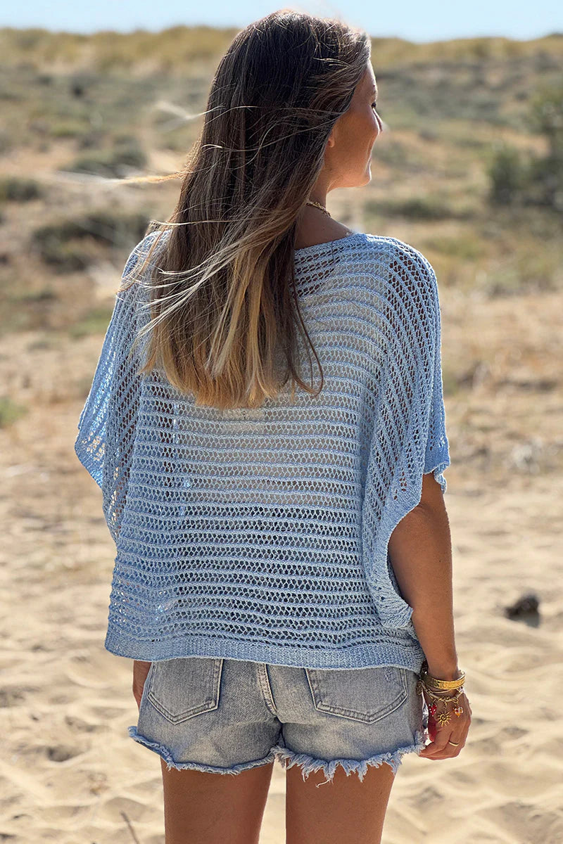 Light Blue Open Crochet Dolman Top
