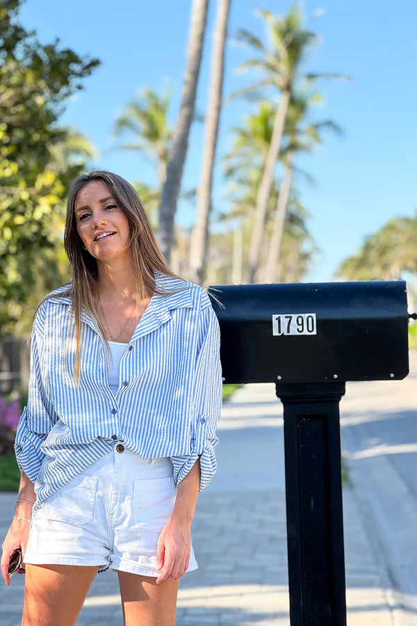 Light Blue Pinstripe Linen Button-Down