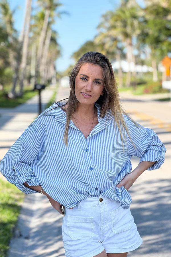 Light Blue Pinstripe Linen Button-Down