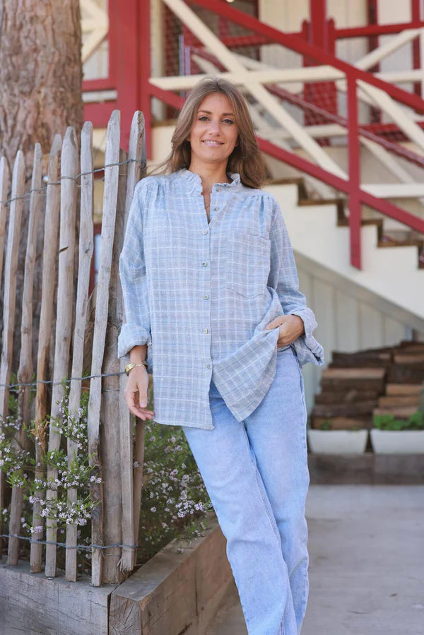 Light Blue Plaid Open Weave Button-Down Blouse
