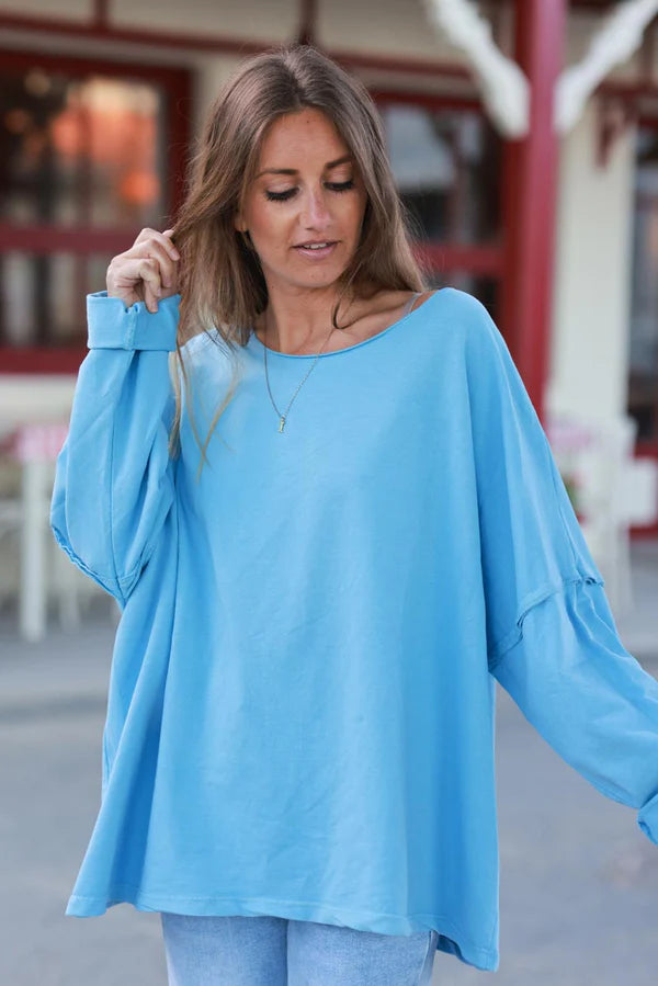 Light Blue Stretch Knit Long-Sleeve Slouchy Tee