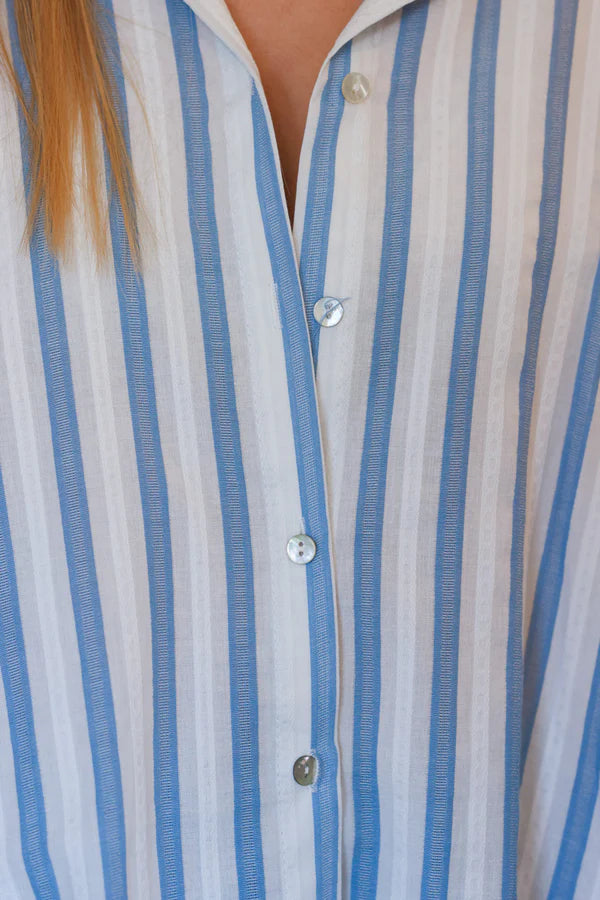 Light Blue Stripe Slouchy Cotton Button-Down Shirt