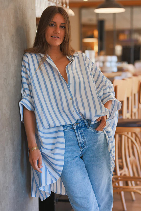 Light Blue Stripe Slouchy Cotton Button-Down Shirt