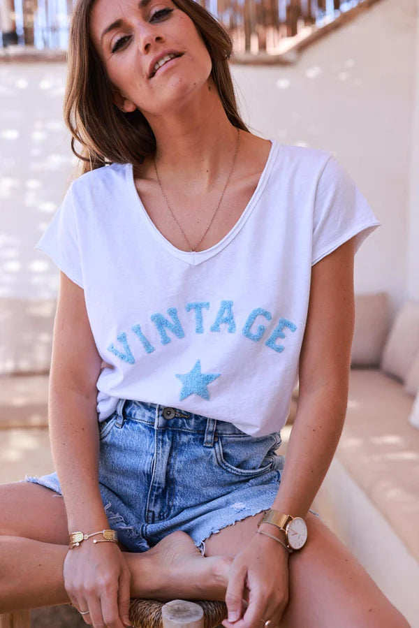 Light Blue Vintage Star Varsity White V-Neck Tee