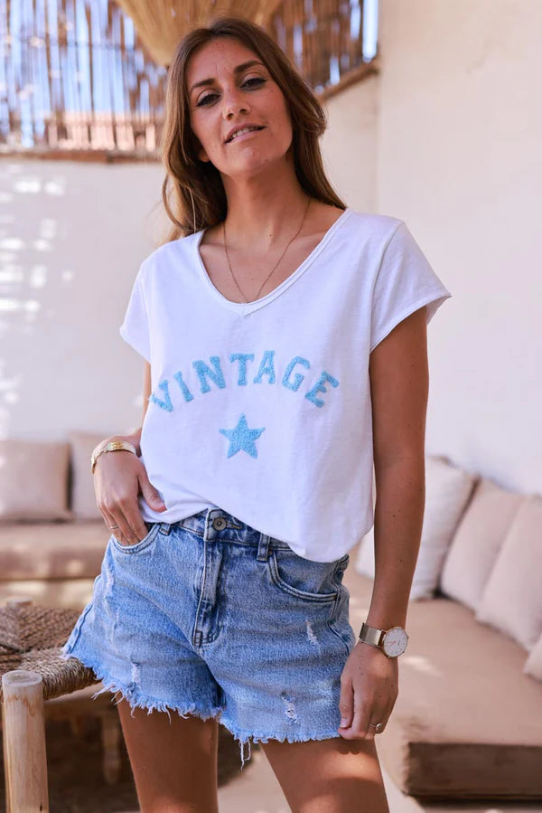 Light Blue Vintage Star Varsity White V-Neck Tee