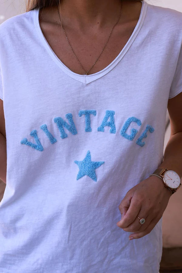 Light Blue Vintage Star Varsity White V-Neck Tee