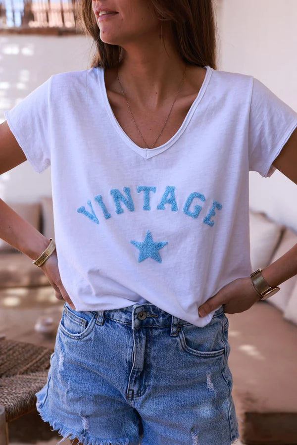 Light Blue Vintage Star Varsity White V-Neck Tee
