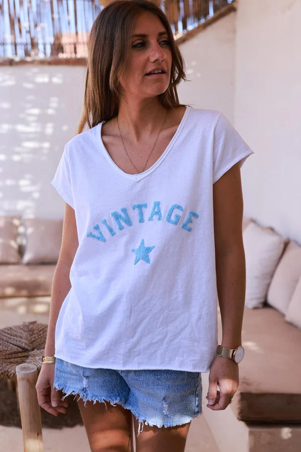 Light Blue Vintage Star Varsity White V-Neck Tee