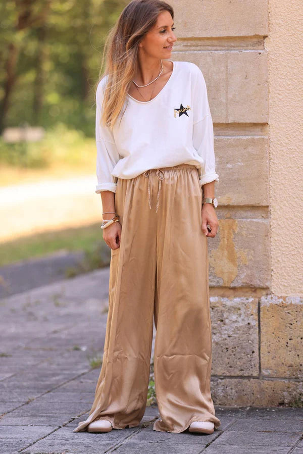 Light Camel Silky Wide Leg Floaty Pants