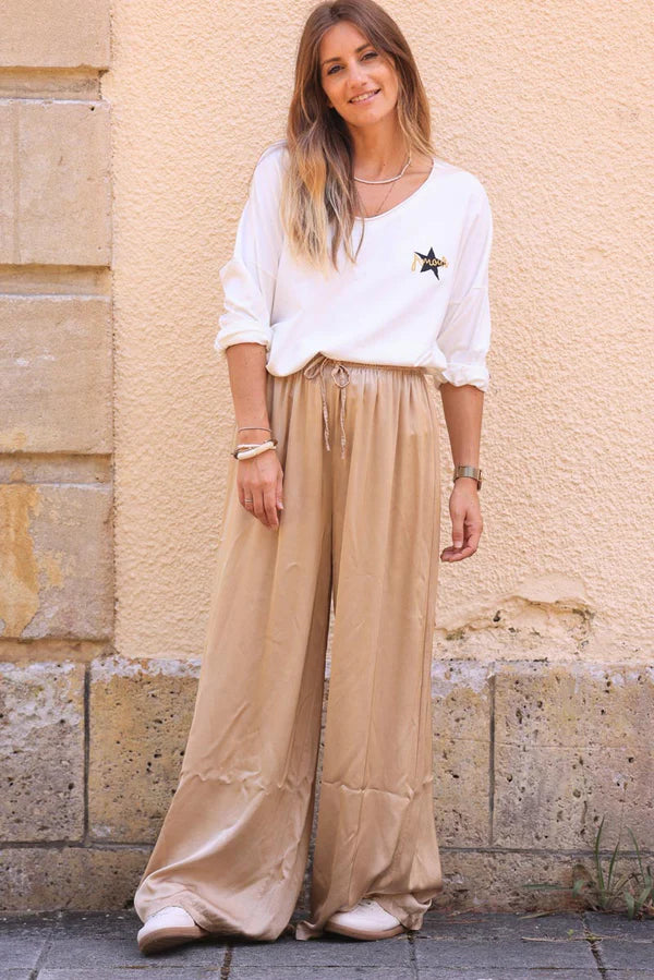 Light Camel Silky Wide Leg Floaty Pants