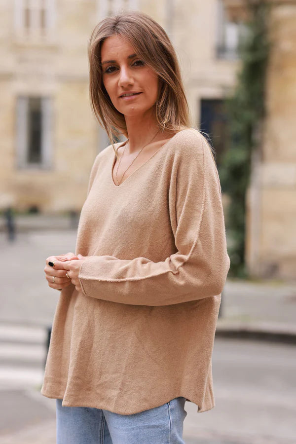 Light camel ultra-soft, Viscose Blend V-Neck Sweater