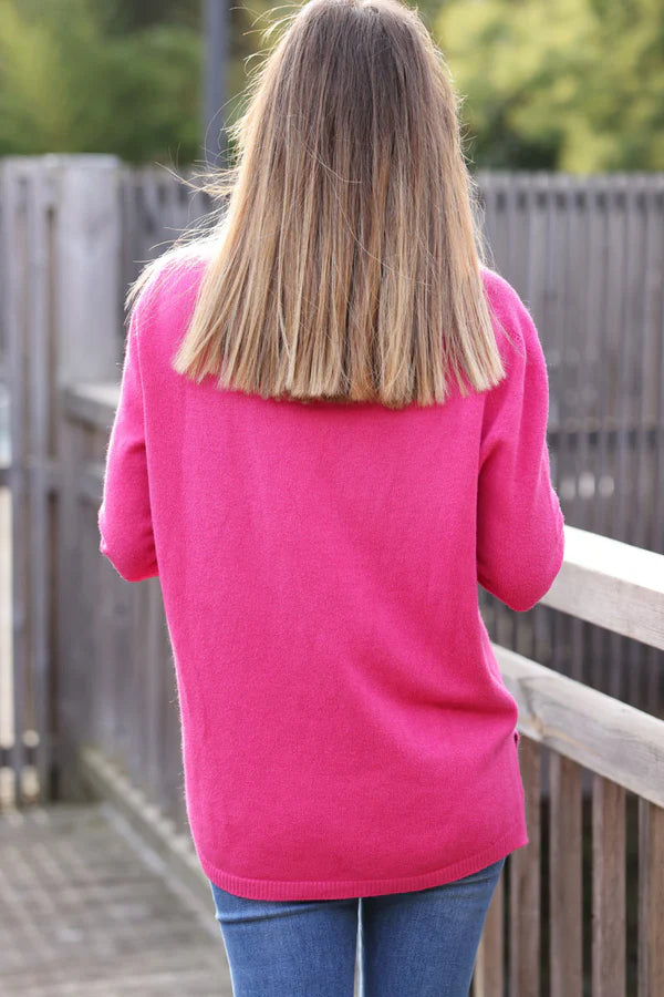 Hot Pink Soft Basic V-neck Sweater