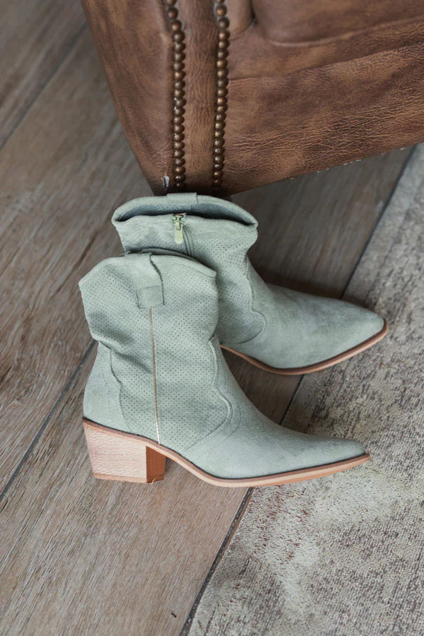 Light Olive Sueded Cowboy Ankle Boots