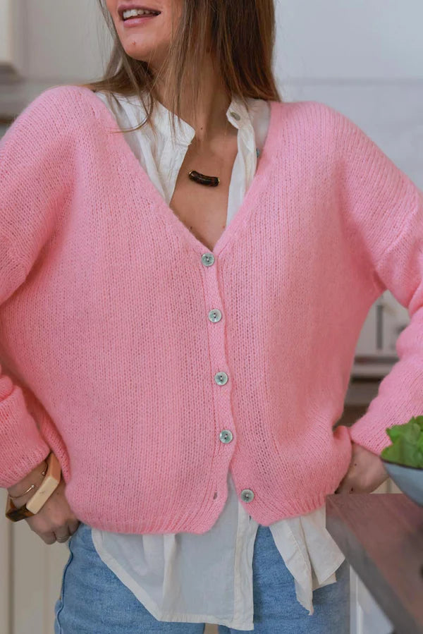 Light Pink Mother of Pearl Button through V-Neck Cardigan