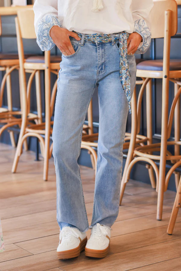 Light Wash Frayed Hem Jeans with Sash Belt