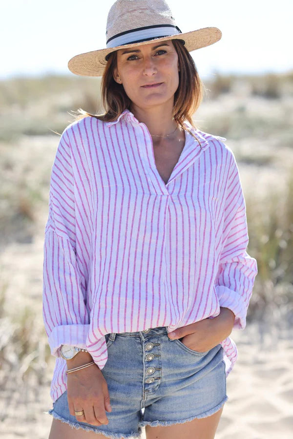 Linen v-neck shirt blouse vertical pink stripes