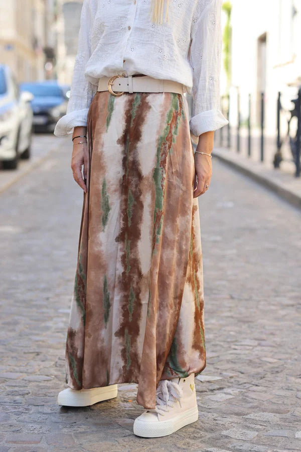 Long maxi silk skirt with camel and khaki tie dye print