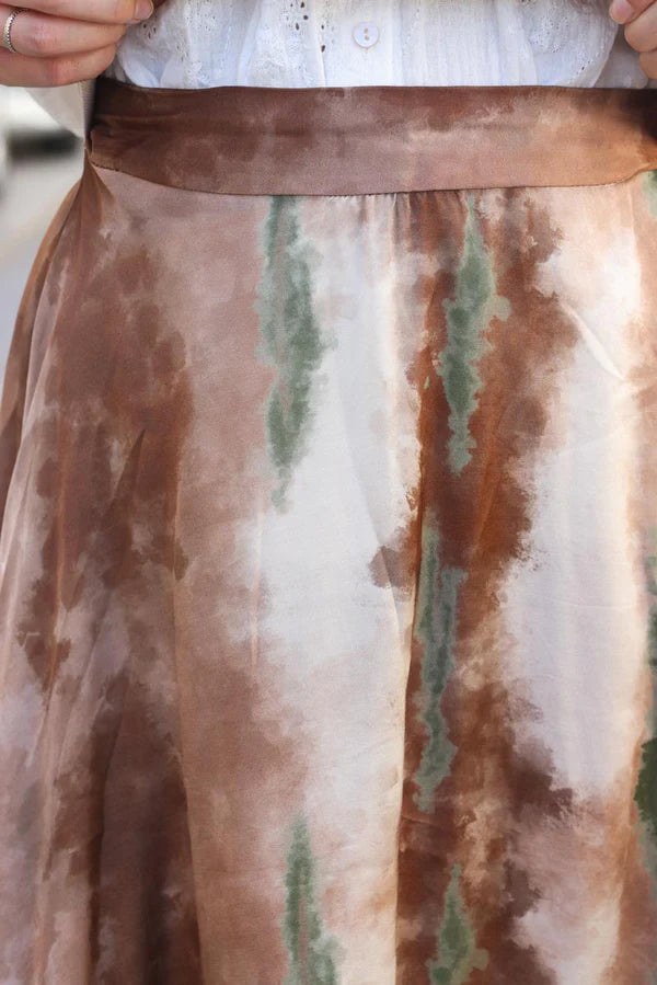 Long maxi silk skirt with camel and khaki tie dye print