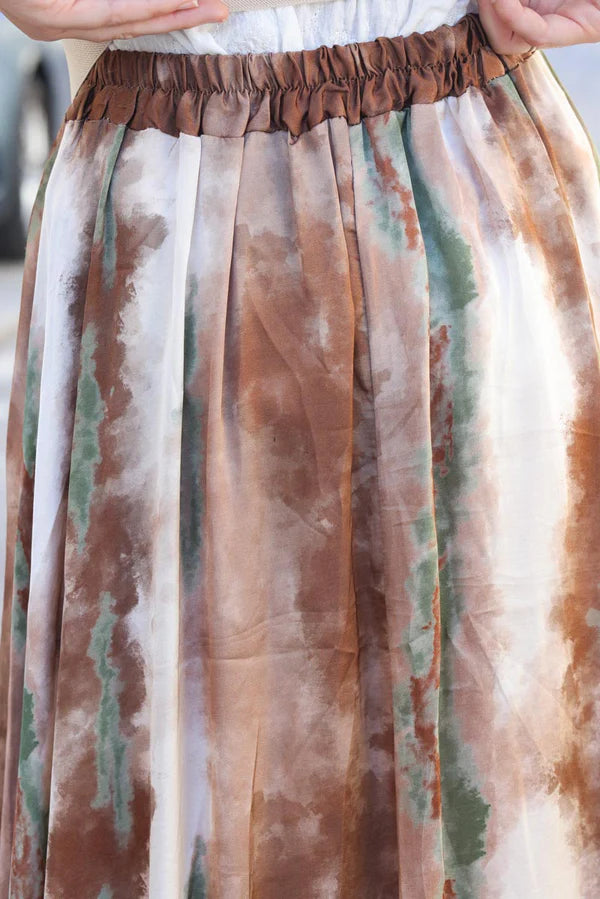 Long maxi silk skirt with camel and khaki tie dye print