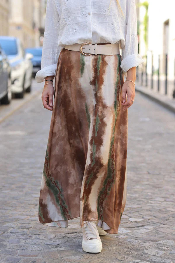 Long maxi silk skirt with camel and khaki tie dye print