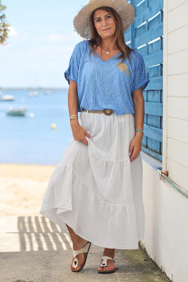 Long white cotton skirt with belt