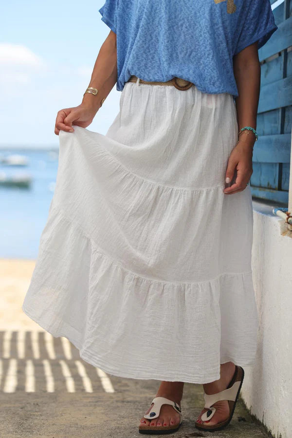 Long white cotton skirt with belt