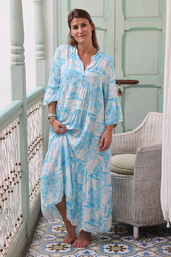 Tiered maxi dress with toile de jouy azure print